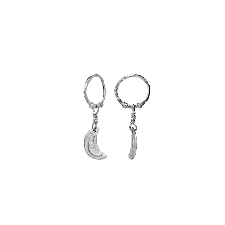 The Moonstone Odessa Earrings in silver shows two small hoop earrings with asymmetrical pendants. Model 9841c-2