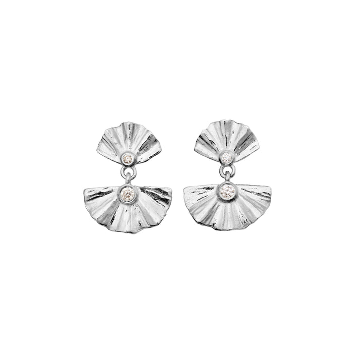 Maanesten Odile silver earrings with two fan-shaped pendants and small clear stones, Model 10039c