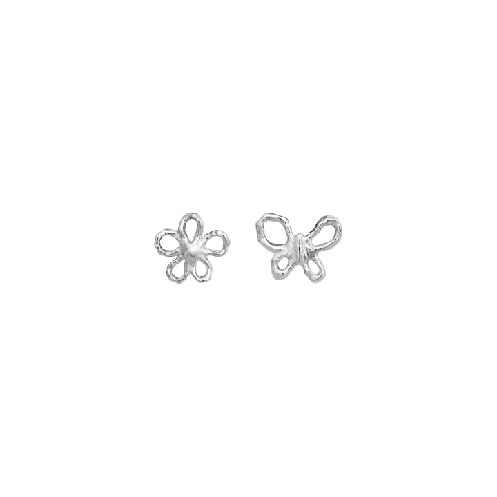 Maanesten Paula Silver Earrings with a silver butterfly and a flower in a simple style, Model 10108c-1.
