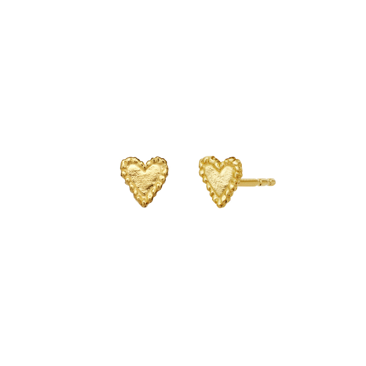 moonstone-rouge-gold-plated-heart studs show small, heart-shaped studs in a matte gold finish. Model 10059a-1.