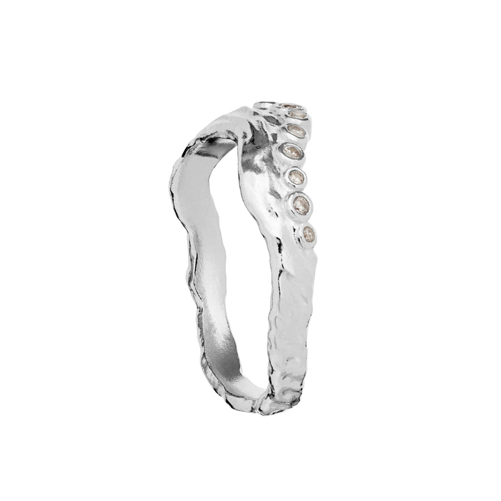 Moonstone Selene silver ring with zirconia, organic surface and small clear stones. Model 4866c-001-2