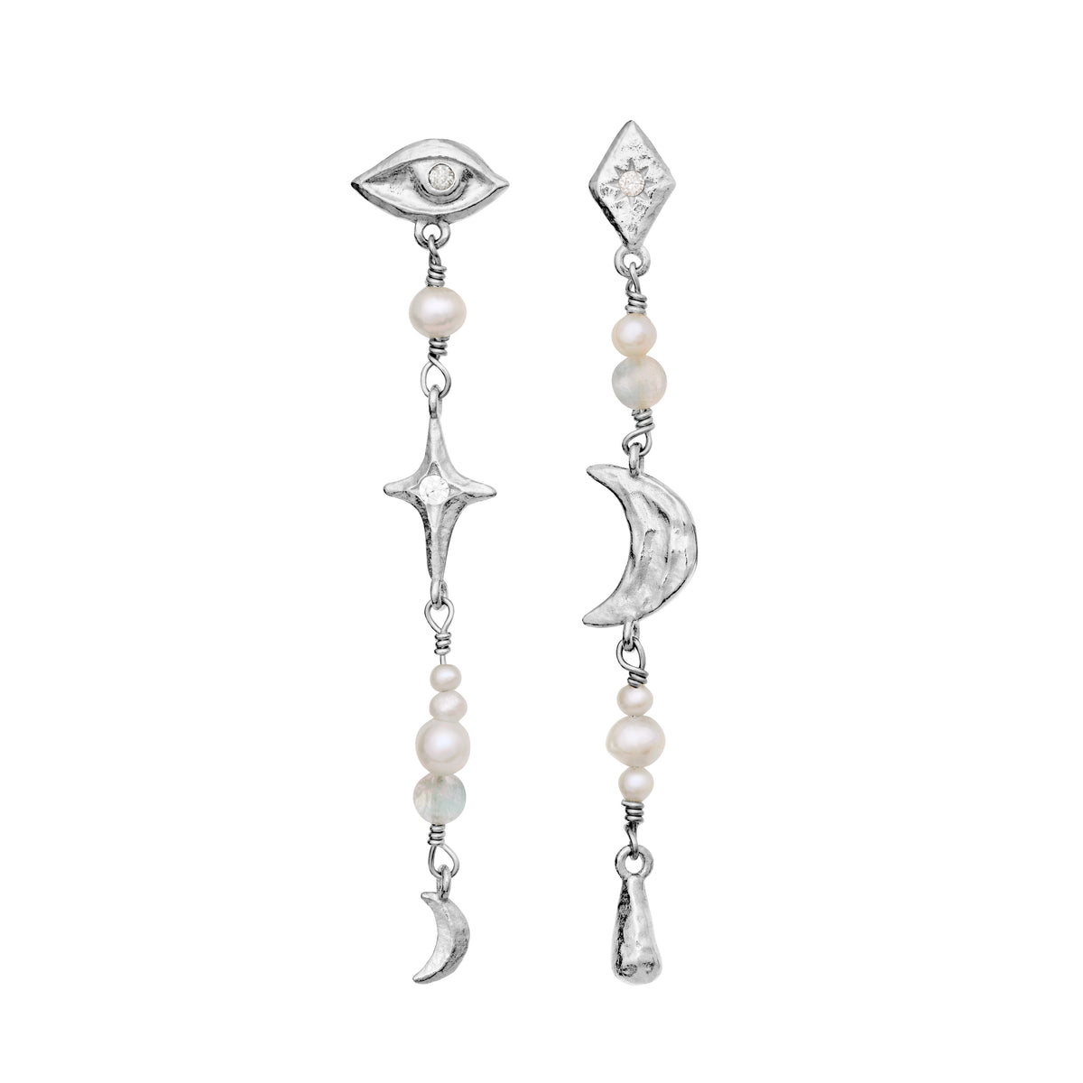 Maanesten Sissone silver earrings with different sky motifs, pearls and structure, Model 10033c