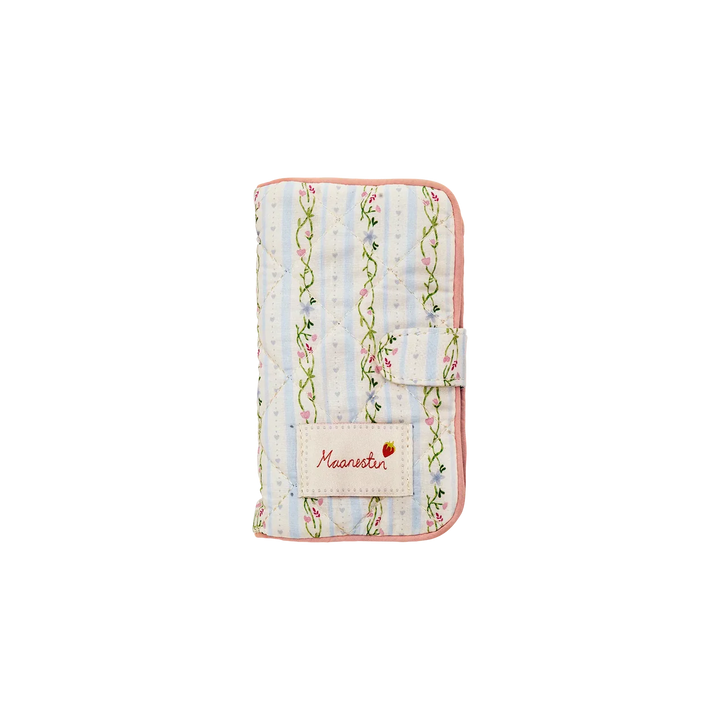 Maanesten jewelery clutch summer stripes blue with light blue and pink stripes, embroidered flowers and closing flap. Model 4132-1