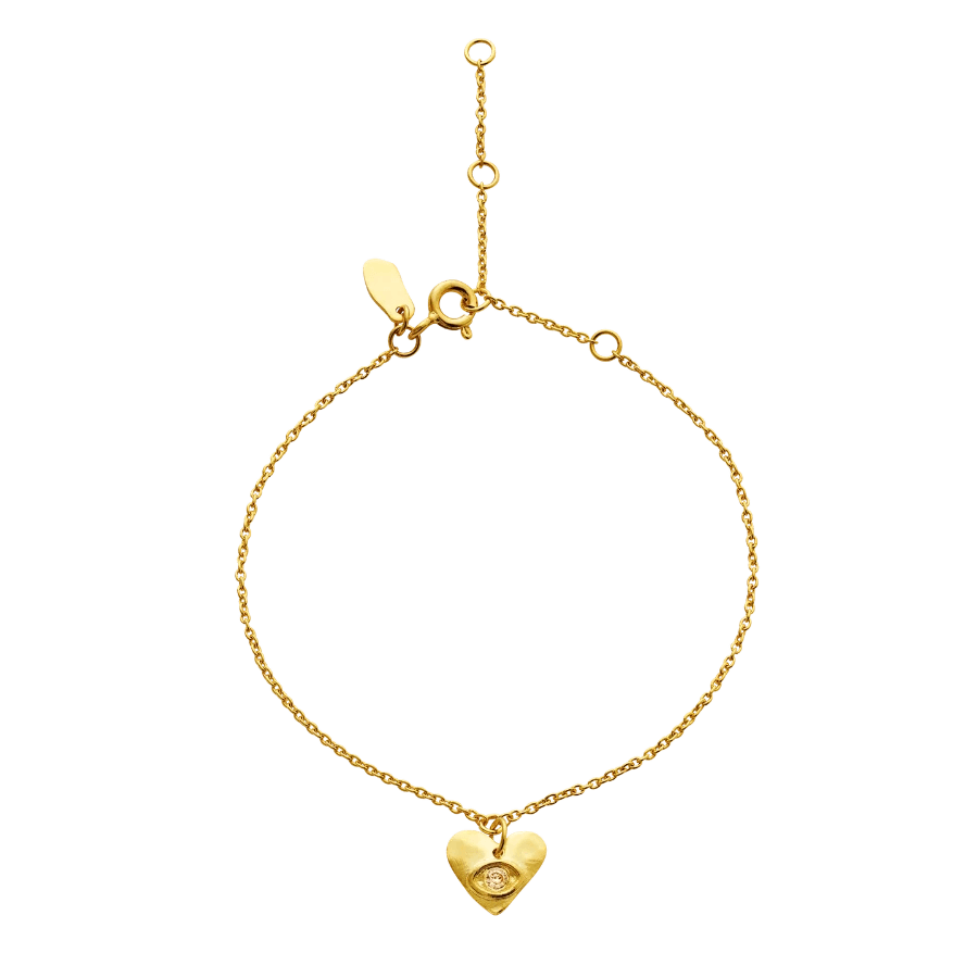 maanesten stacia bracelet shows an elegant bracelet in gold-plated metal with heart pendant and adjustable chain. Model 8625a-8625a-1