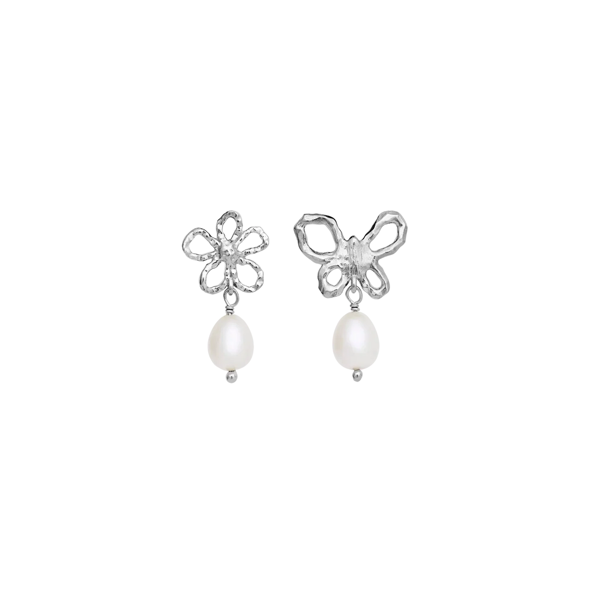 Maanesten Tonia silver earrings with pearls shown as a pair of different floral designs with white pearl pendants. Model 10114c-1.
