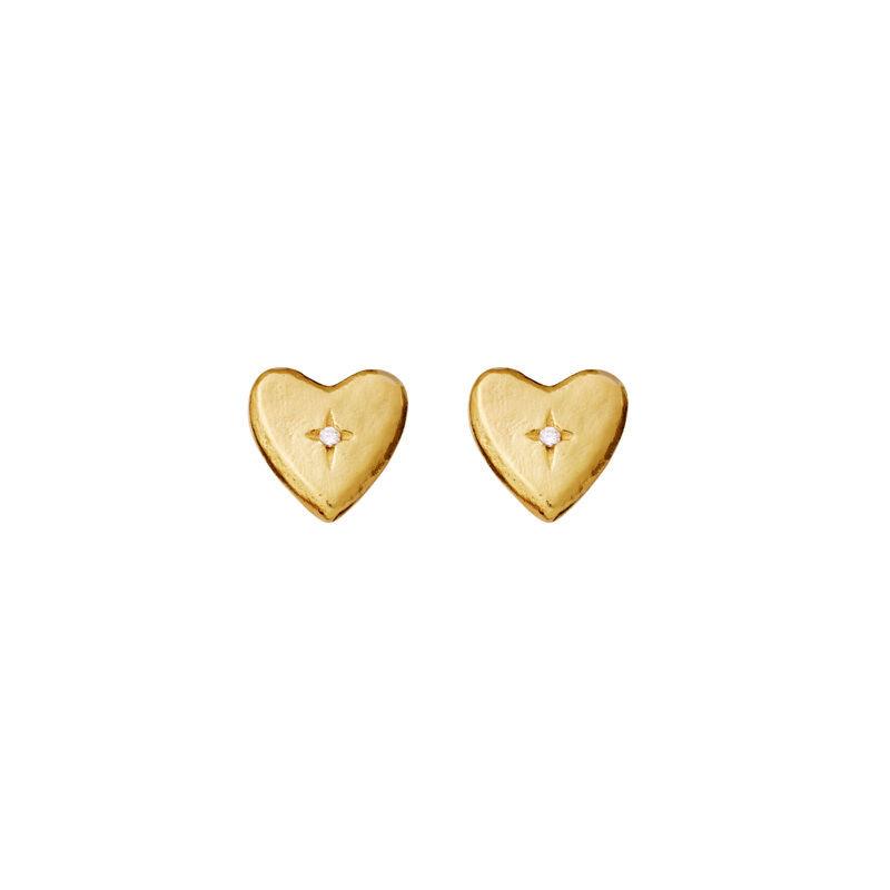 maanesten-tutu-earrings-gold-plated-heart-studs shows a pair of gold-colored heart studs with clear stones. Model 9943a-1
