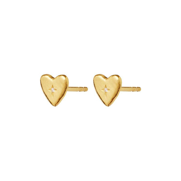 Maanesten Tutu Earrings gold-plated heart studs with small clear stone on white background, Model 9943a-2.