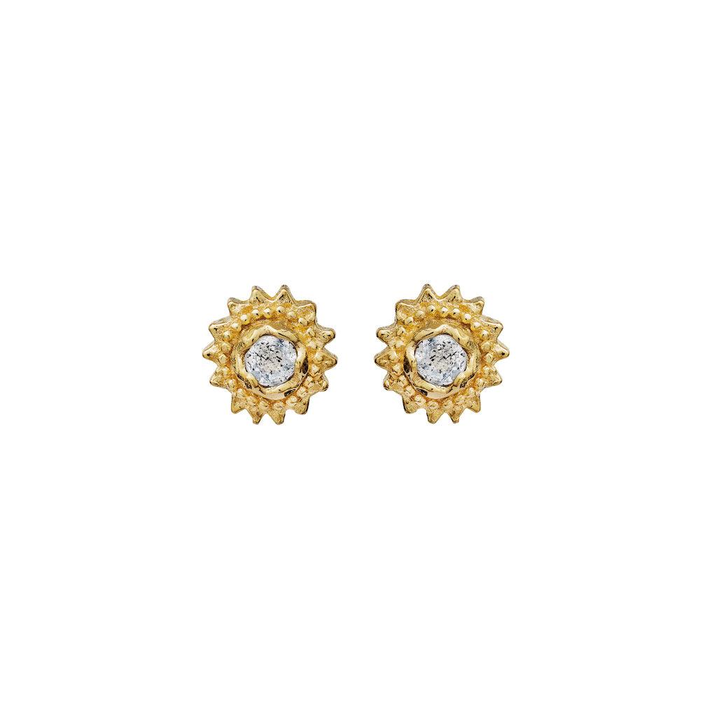 Moonstone Willa Earrings shows a set of gold-plated studs with round clear stones in the center. Model 9730a-9730a-1