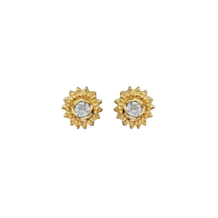 Moonstone Willa Earrings shows a set of gold-plated studs with round clear stones in the center. Model 9730a-9730a-1