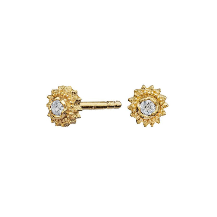 Maanesten Willa Earrings show small, round earrings in gold-coloured metal with sparkling stones in the centre. Model 9730a-9730a-2
