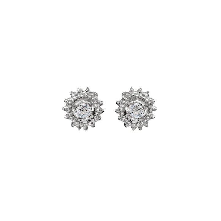 maanesten-willa-ear studs-in-sol shows a pair of silver stud earrings with a star-like design, Model 9730c-9730c-1.