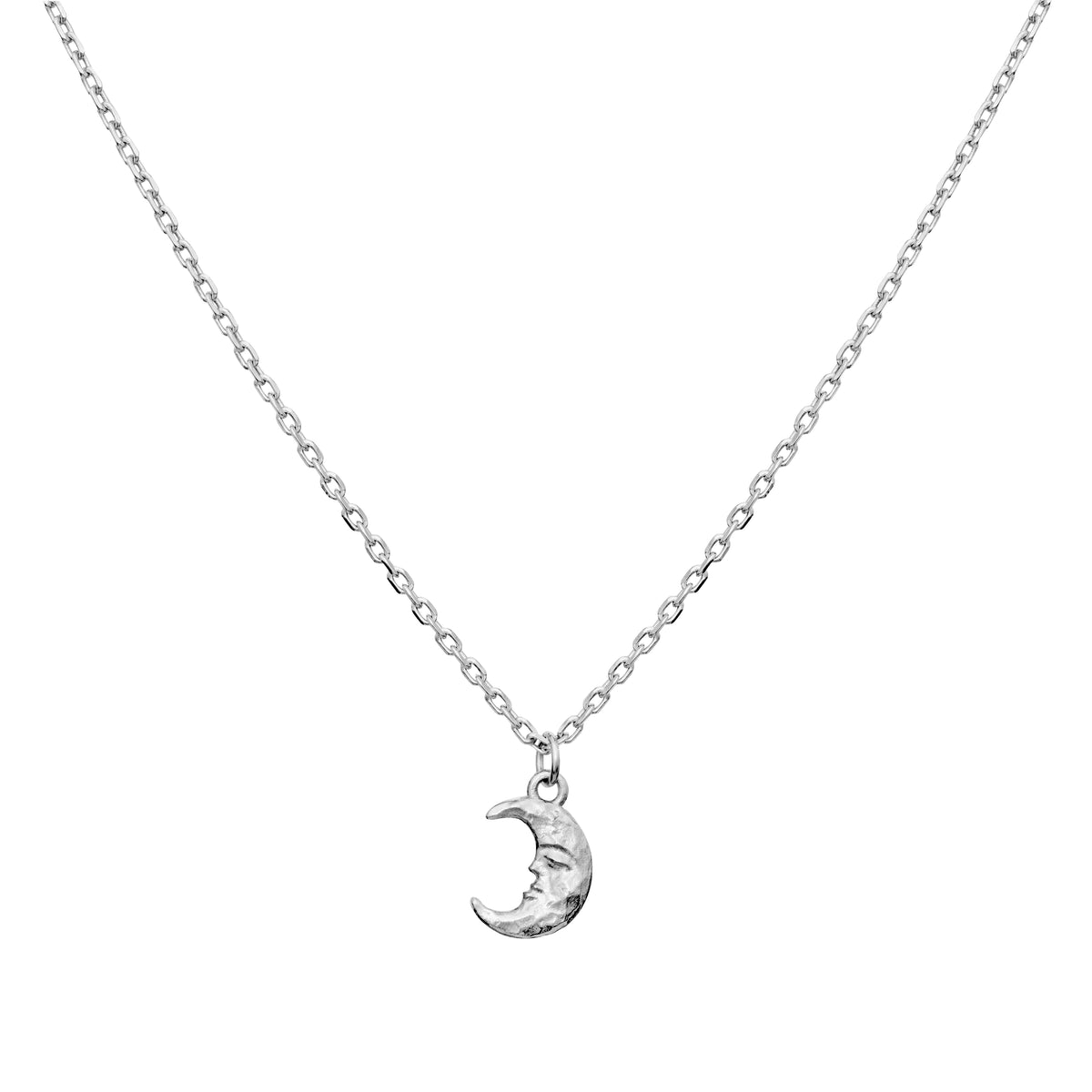 Maanesten's Aila silver necklace with moon pendant in shiny silver on a white background. Model 2805c-1