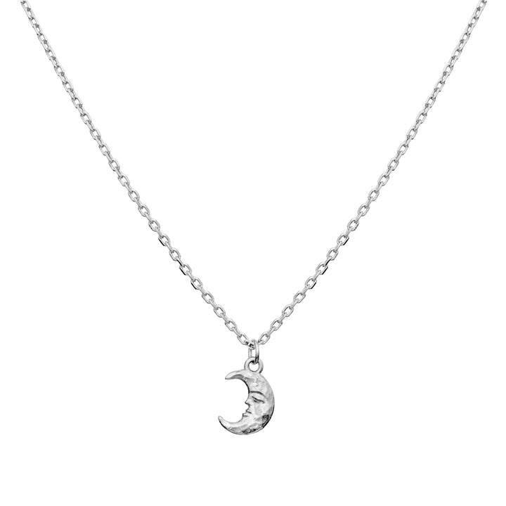 Maanesten's Aila silver necklace with moon pendant in shiny silver on a white background. Model 2805c-1