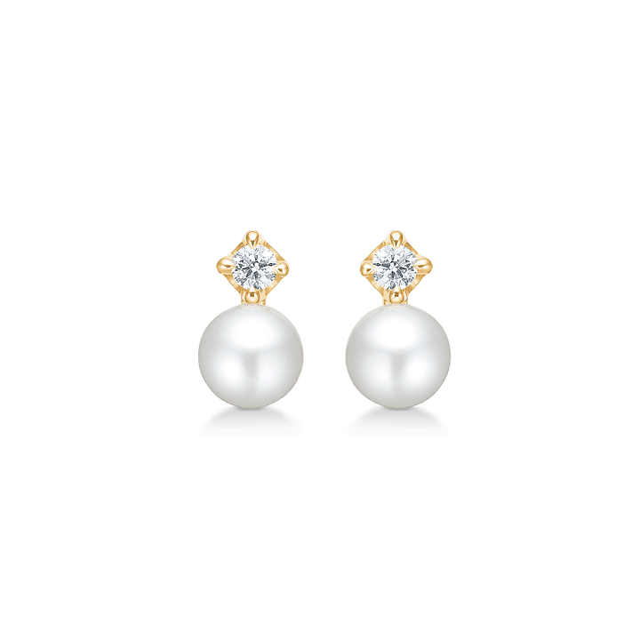 Mads Z 14kt Crown Pearl Stud Earrings 0.09ct W/SI shows elegant round pearl earrings with gold and diamond, Model 1513709-1.