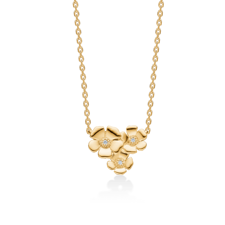 Mads Z 14kt Fleur necklace with three flowers in gold and small diamonds, Model 1521108-1.