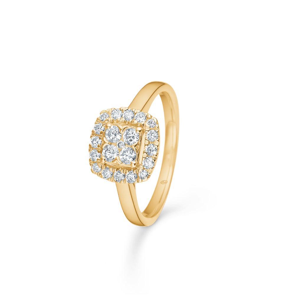 Mads Z 14kt Margaret Ring 0.45ct W/SI shows an elegant gold ring with a square cluster of clear diamonds. Model 1541076-001.