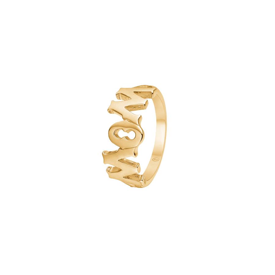 Mads Z 14kt MomWow Ring shows a bright gold ring in an elegant design with the text MOMWOW. Model 1540097-001-1.