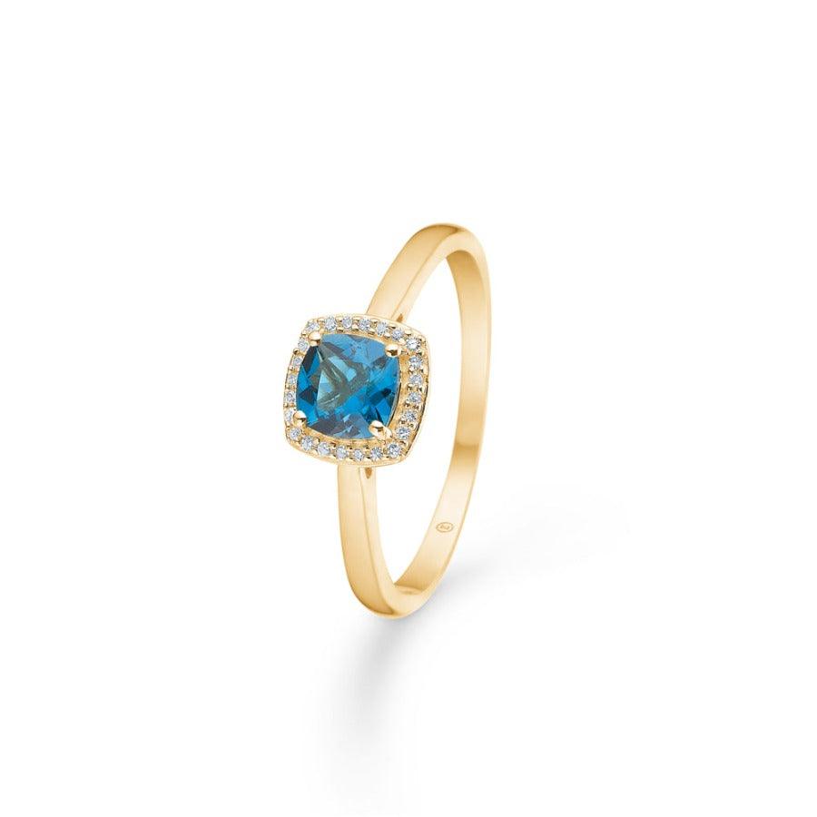 Mads Z 14kt Mona Lisa Ring 0.045ct W/SI shows elegant gold ring with blue stones and small diamonds, Model 1546008-001
