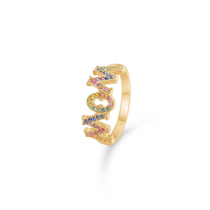 Mads Z 14kt Rainbow MomWow Ring in bright gold with colored stones, clear lettering. Model 1544097-001