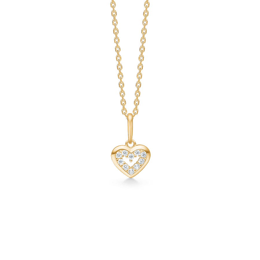 Mads Z 8kt Kiss Pendant with open heart in gold and small clear stones, front view. Model 3337021