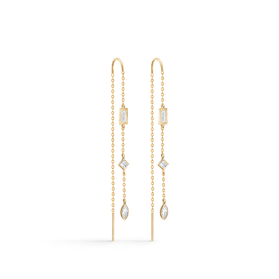 Mads Z 8kt Valentina Earrings showcases elegant, long gold earrings with clear stones in geometric shapes. Model 3307020