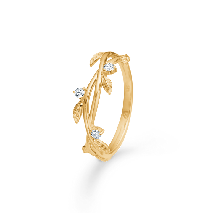Mads Z Aura 14kt gold ring with three diamonds and leaf details, elegant style. Model 1541102-001