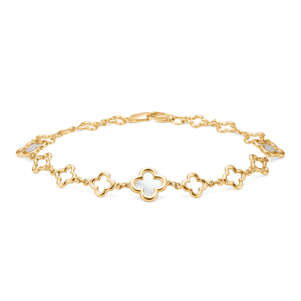 Mads Z Aurelia bracelet in 8kt gold with white flower details, lying on a white background. Model 3356043-1