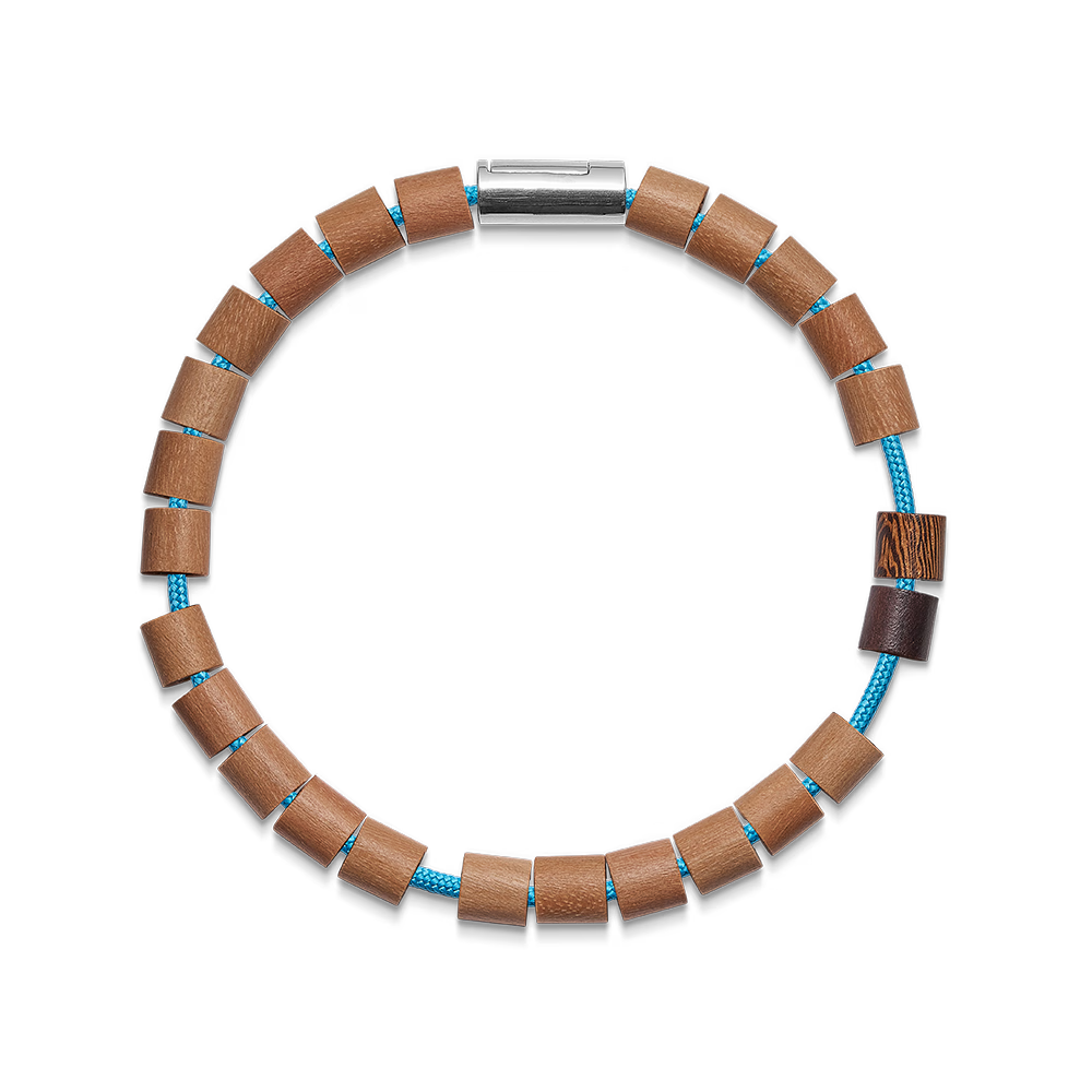 Mads Z Black Sun Tofino bracelet with light brown wooden beads on blue string, Model 5159022-001