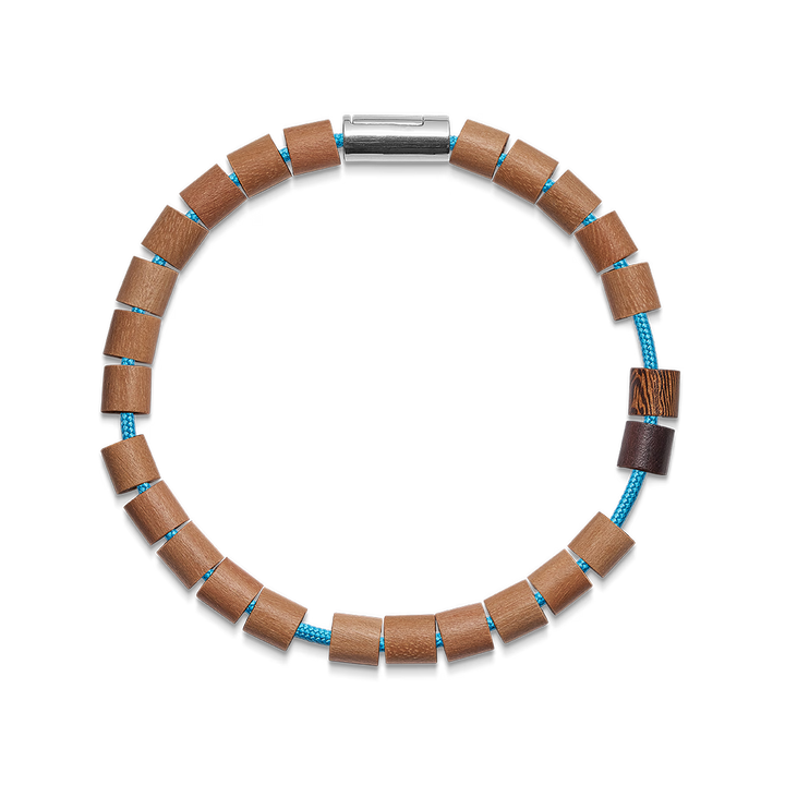 Mads Z Black Sun Tofino bracelet with light brown wooden beads on blue string, Model 5159022-001