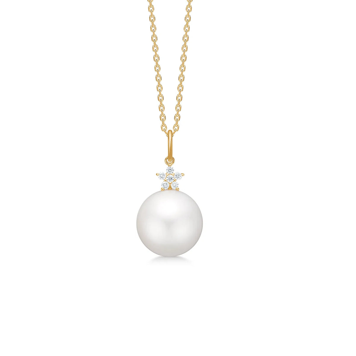 Mads Z Celeste 14kt gold pendant with white cultured pearl and small clear stones, elegant detail. Model 1533133-1.