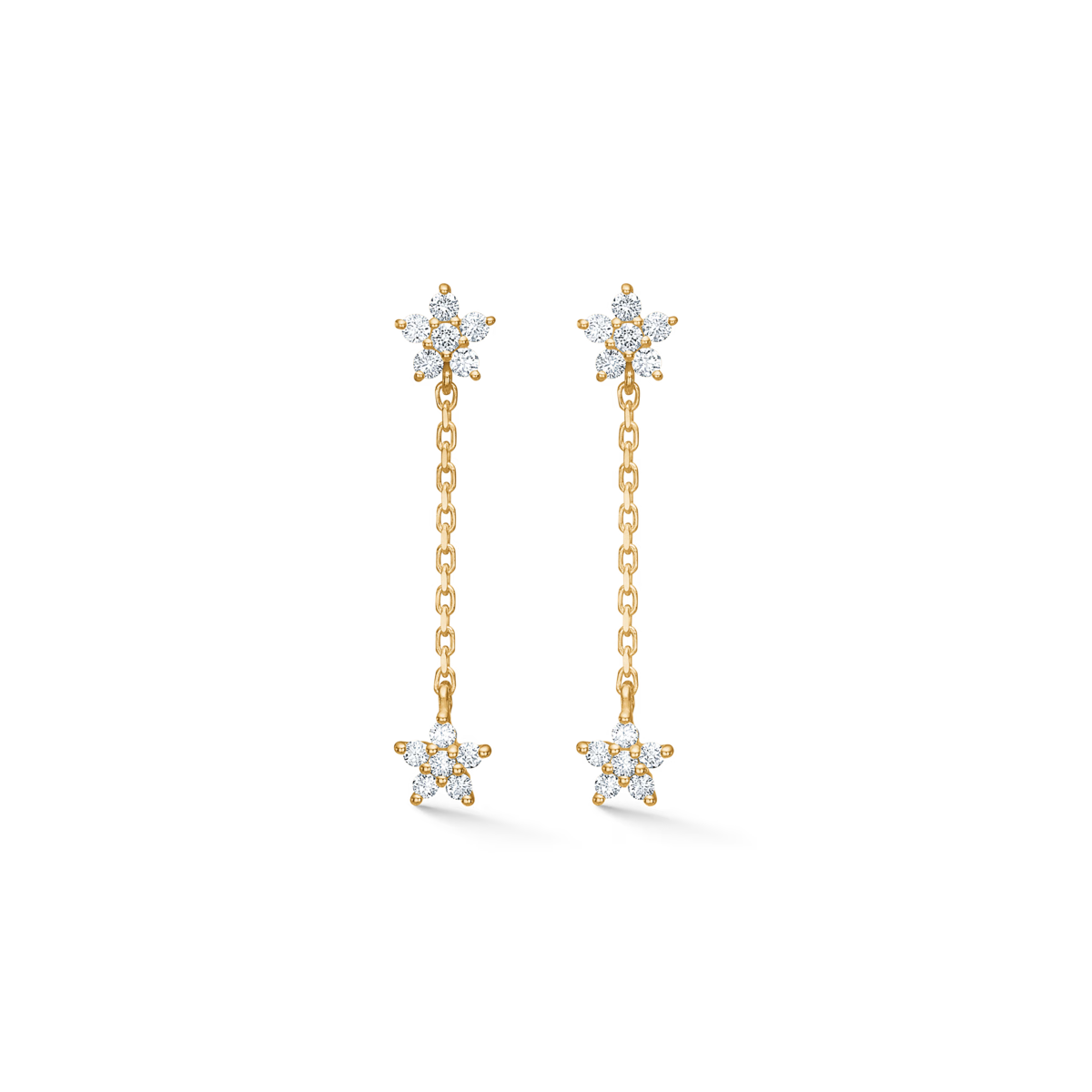 Mads Z Celeste Diamond Chain earrings in 14kt gold with two star pendants and diamonds. Model 1511143-1