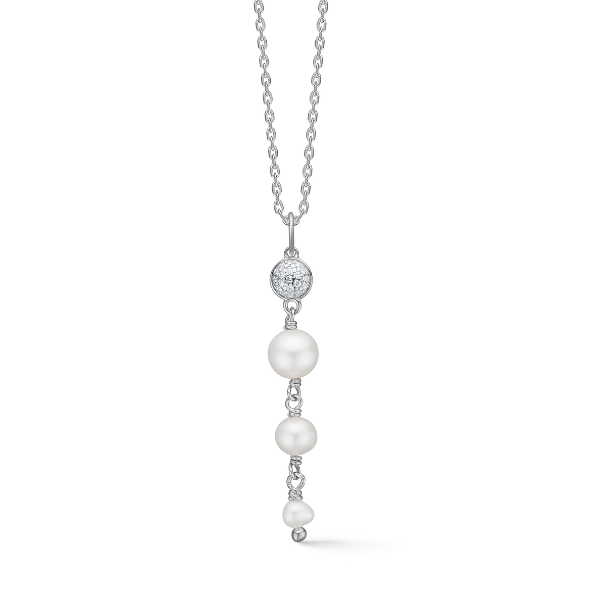 Mads Z Dome necklace in silver with four white pearls and discreet circle pendant, Model 2123010-1.