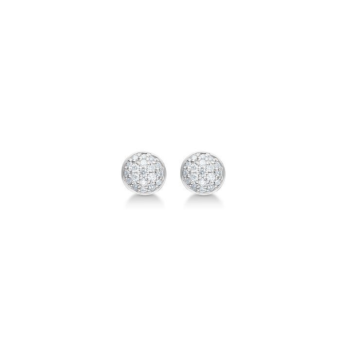 Mads Z Dome earrings in silver, round pins with sparkling white stones. Model 2116010-1.