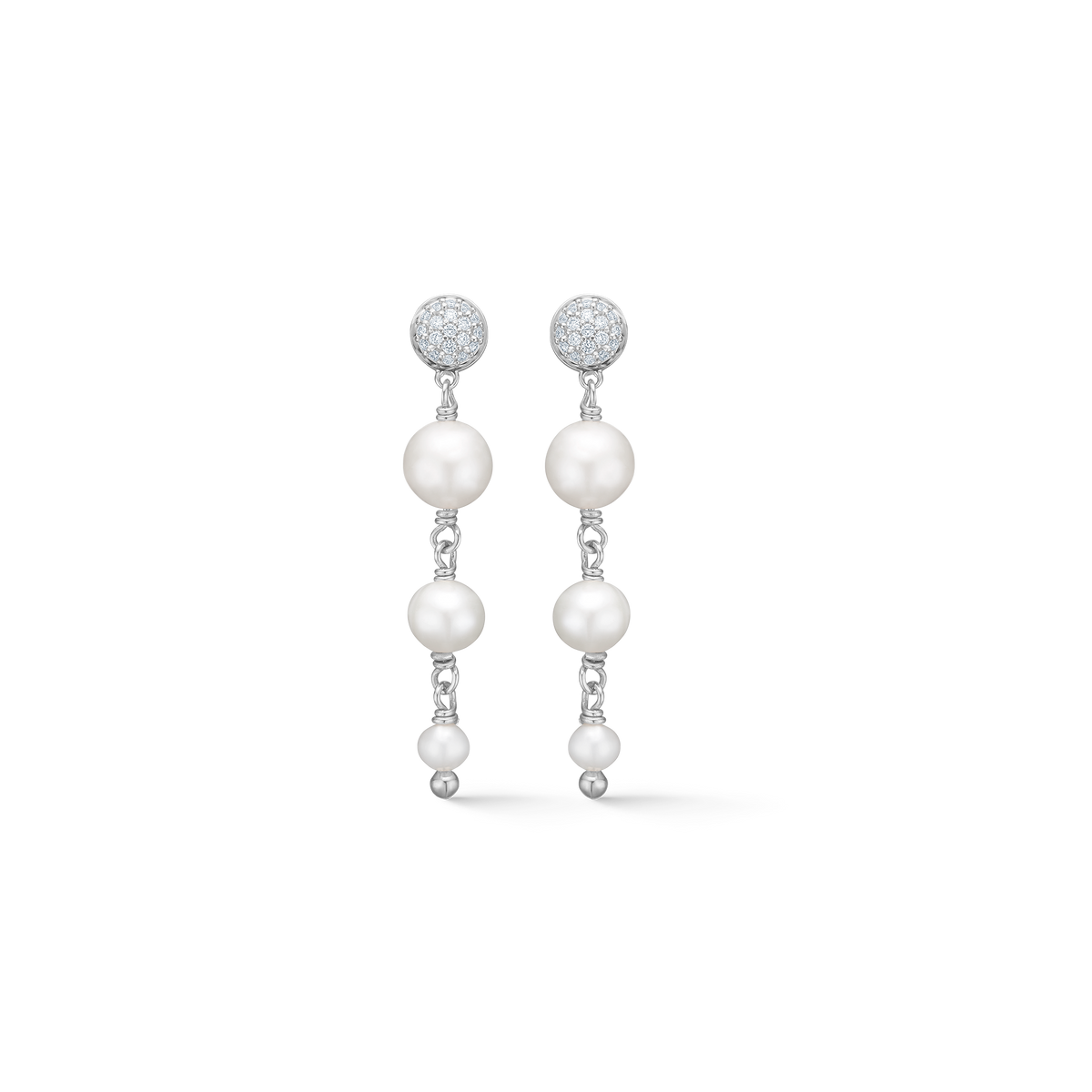 Mads Z Dome silver earrings with cultured pearls and white topazes, elegant hanging earrings with pearls and sparkling stones, Model 2113010-1