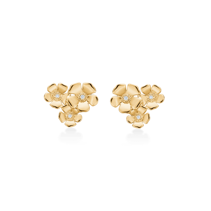 Mads Z Fleur 14kt gold earrings with diamonds, floral motif in bright gold with small diamonds. Model 1511109-1