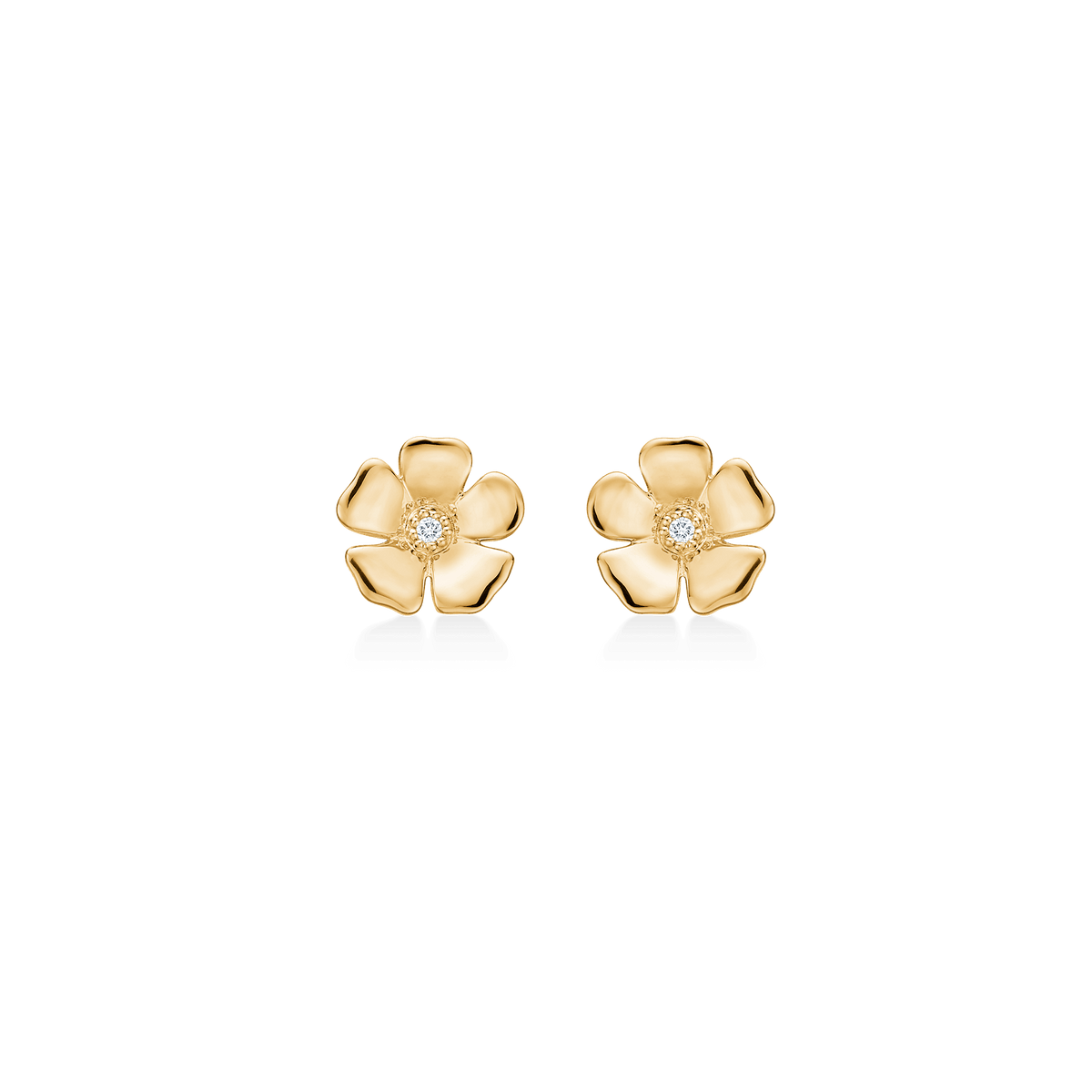 Mads Z Fleur 14kt gold stud earrings with diamonds, floral design seen from the front. Model 1511108.