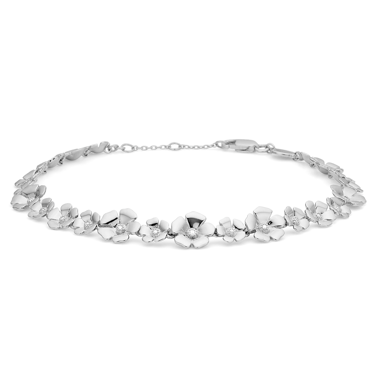 Mads Z Fleur silver bracelet with white topaz shows an elegant bracelet with flowers in silver and white stones. Model 2156108-1.