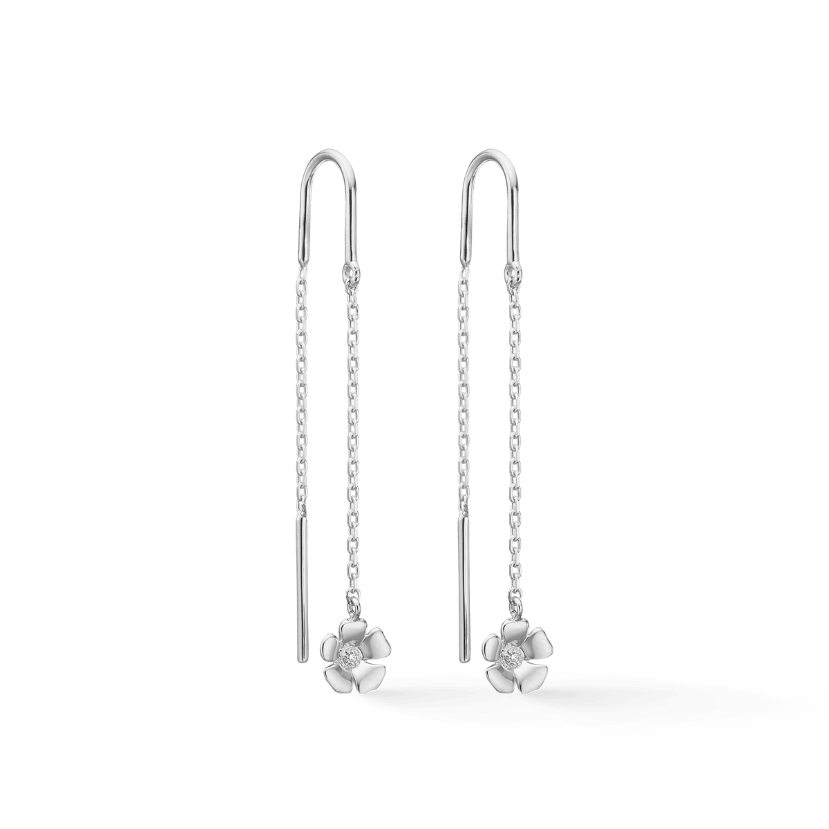 Mads Z Fleur silver earrings with topaz show long chain earrings with flower detail, Model 2106108-1.