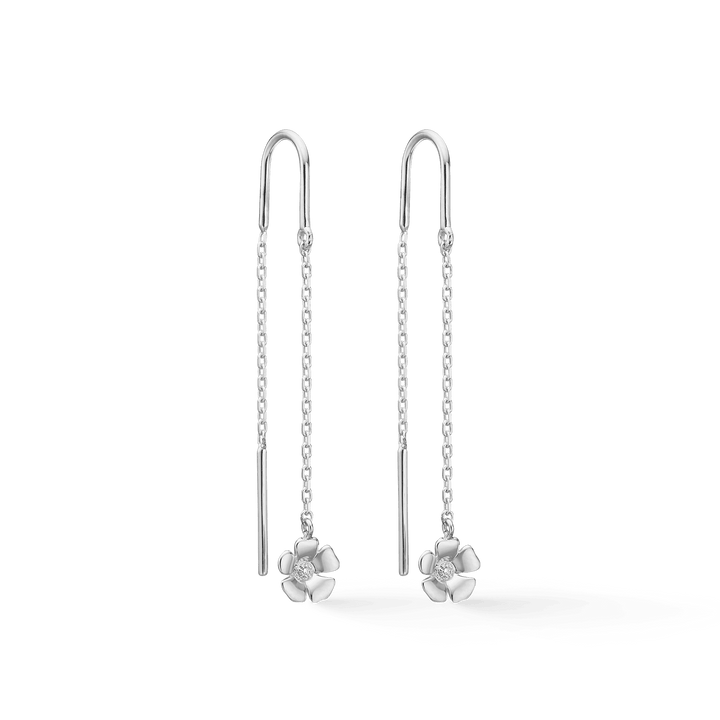 Mads Z Fleur silver earrings with topaz show long chain earrings with flower detail, Model 2106108-1.