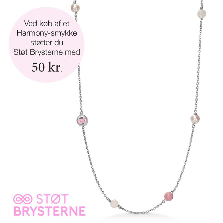 Mads Z Harmony silver necklace with pink pearls and Støt Brysterne emblem on chain. Model 2126200-1