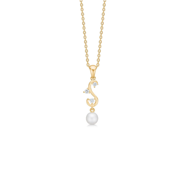 Mads Z Isaline 14kt gold pendant with diamonds and pearl, elegant design on chain. Model 1533190