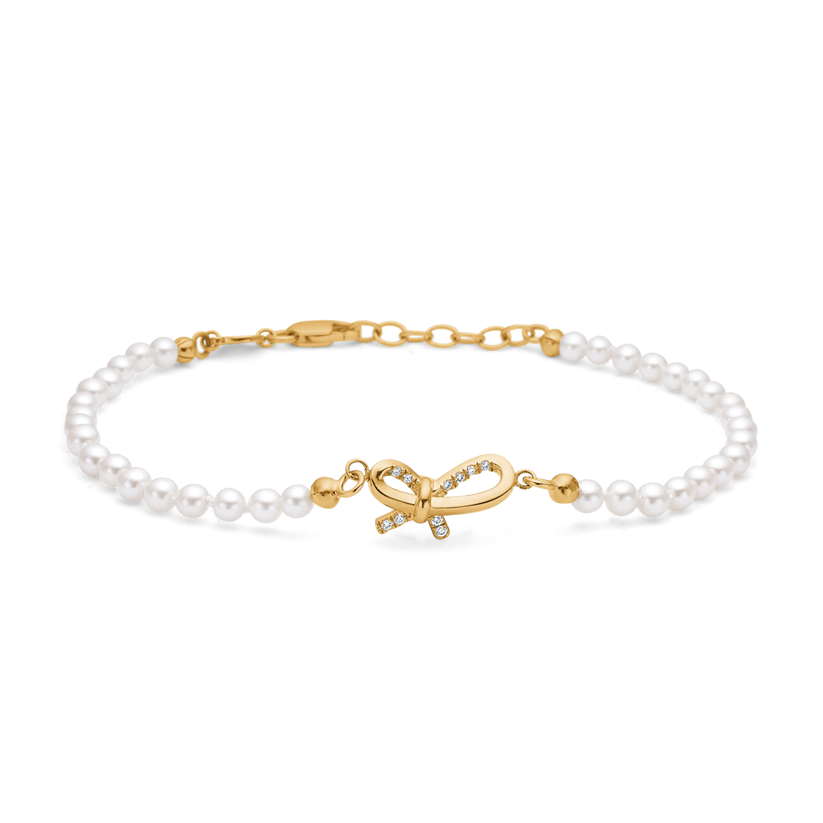 Mads Z Miss Butterfly bow pearl bracelet with white pearls and gold and diamonds. Model 1553030