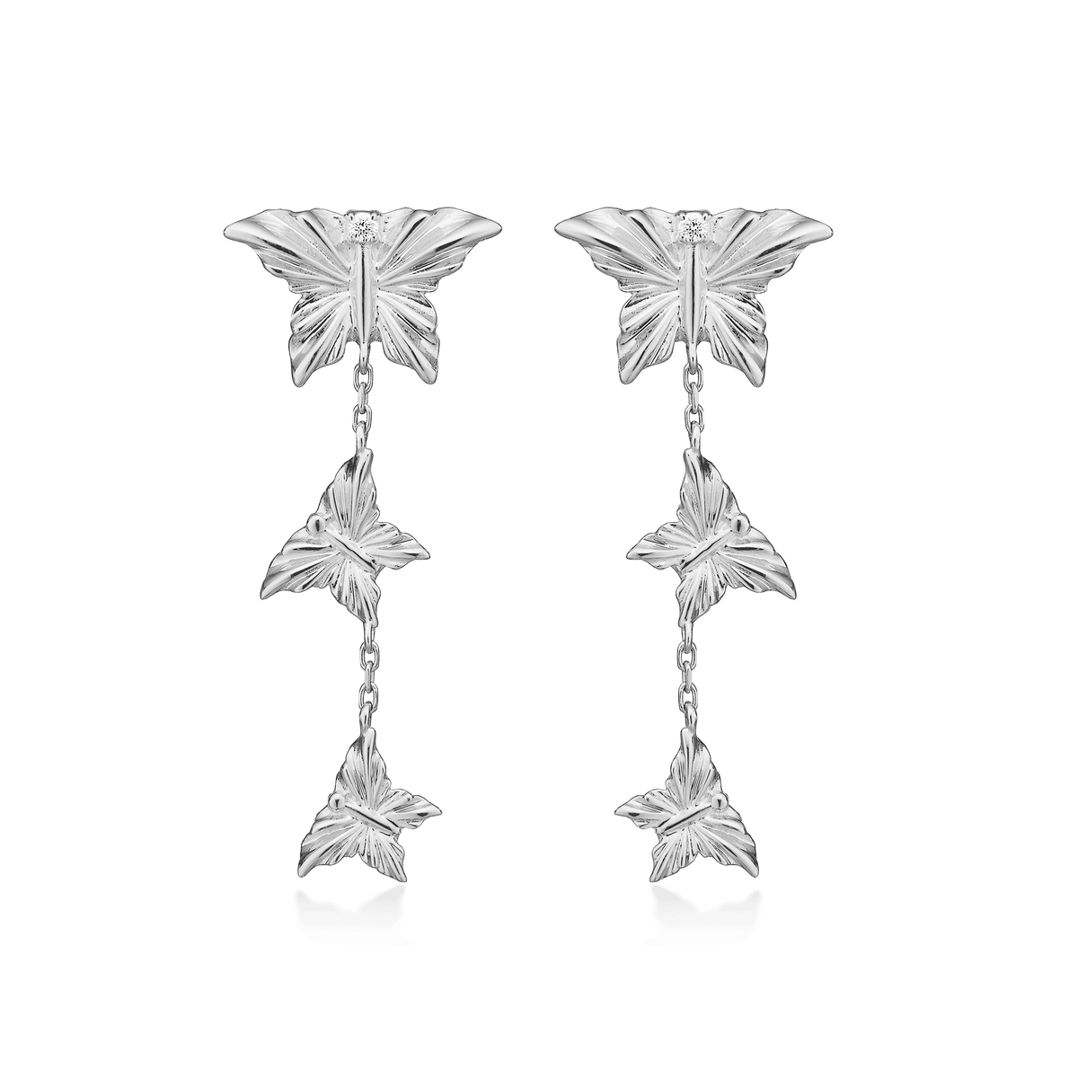 Mads Z Monarch butterfly earrings in silver with white topaz, detailed motif, Model 2116156-1.