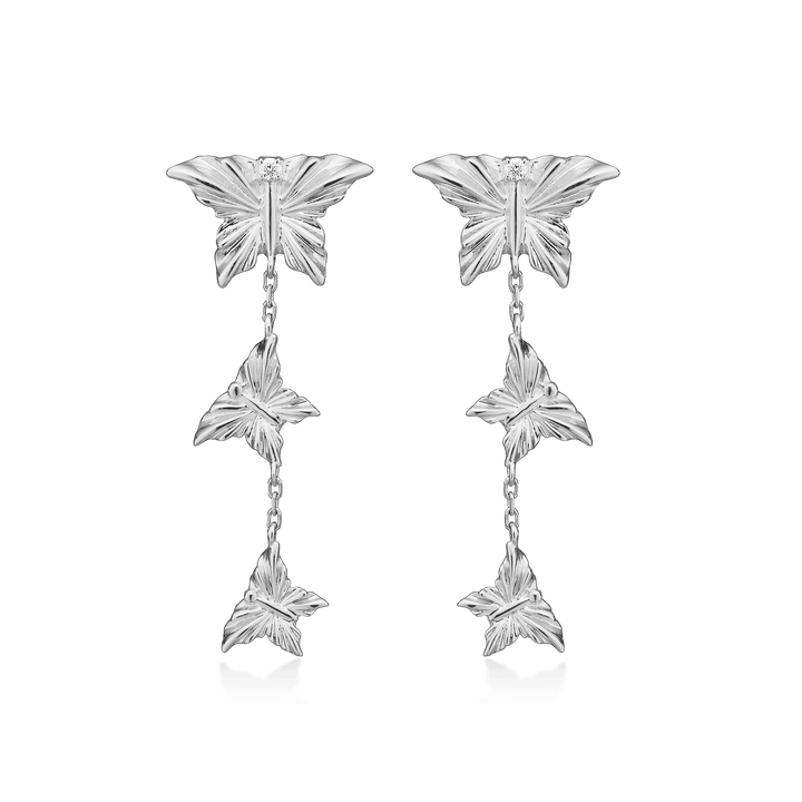 Mads Z Monarch butterfly earrings in silver with white topaz, detailed motif, Model 2116156-1.