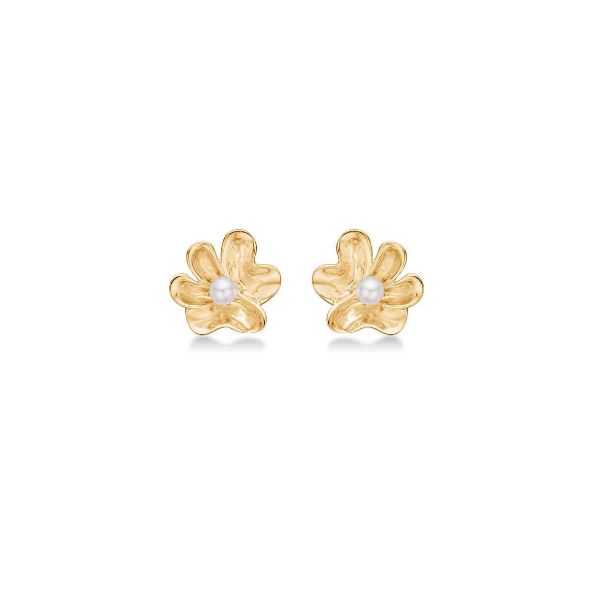 Mads Z Pearlily 14kt gold ear studs, flower-shaped with white pearl on a glossy background. Model 1513039
