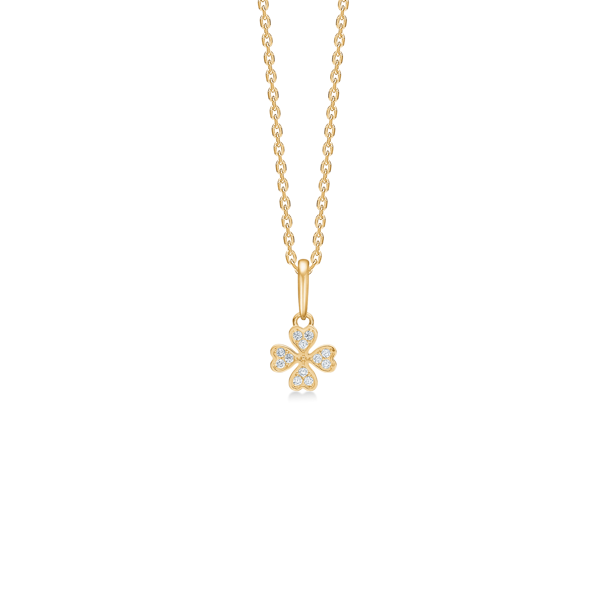 Mads Z Petite Clover pendant in 8kt gold with small clear stones, elegant and feminine. Model 3337014