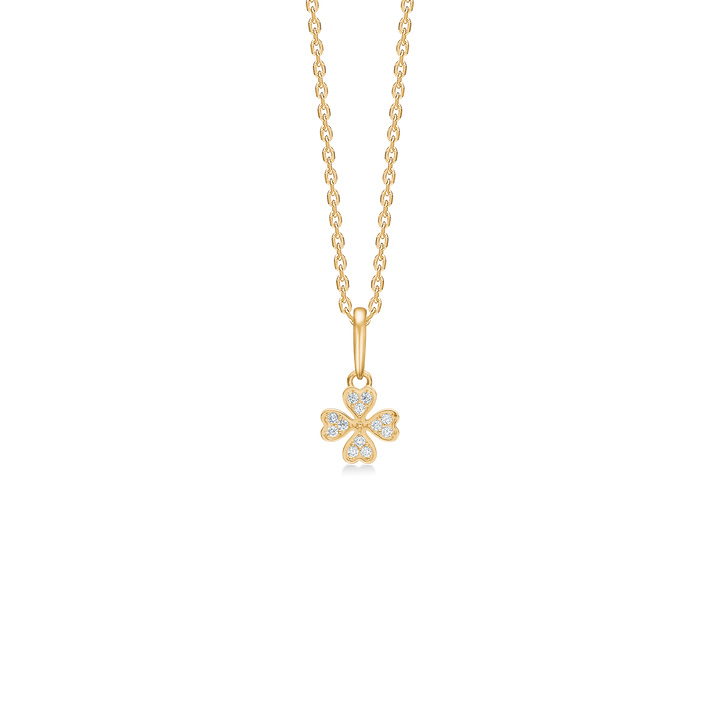 Mads Z Petite Clover pendant in 8kt gold with small clear stones, elegant and feminine. Model 3337014