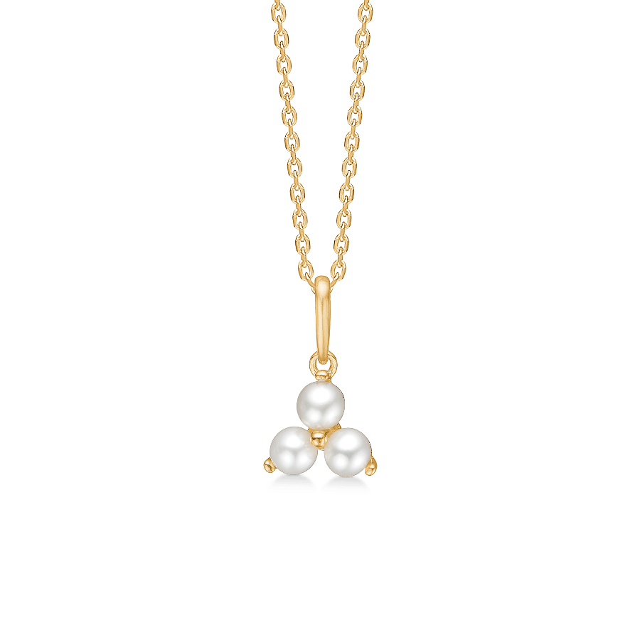 Mads Z Pixie pendant with three white pearls and gold-look chain, detail image. Model 3333185.