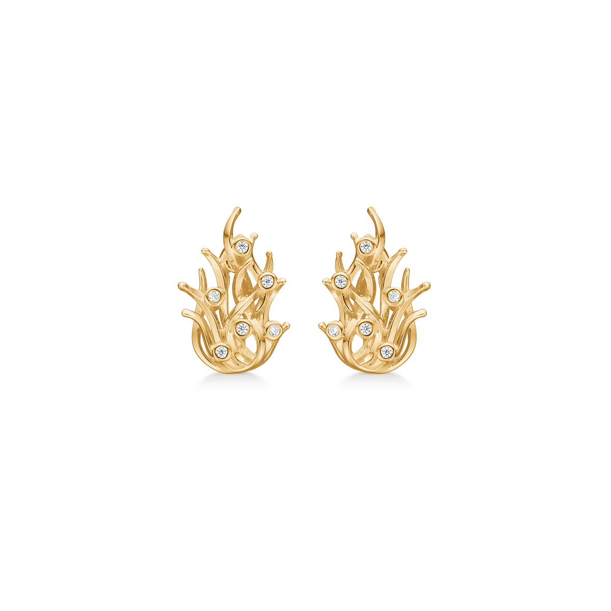 Mads Z Reef earrings in 8kt gold with zirconia, organic design, front view. Model 3317024-1.