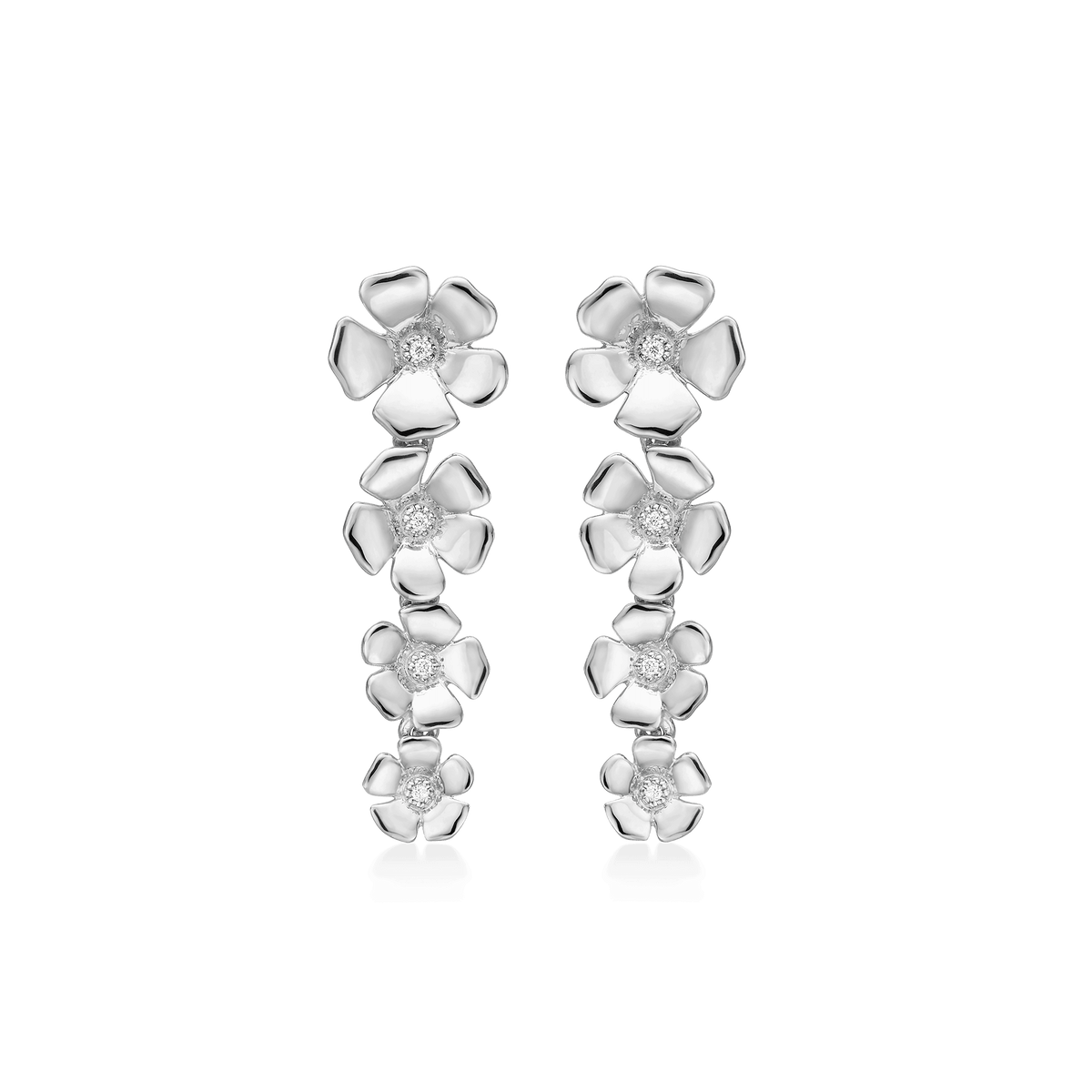 Mads Z silver Fleur silver earrings 30mm with shiny flowers and clear stones, Model 2116110-1